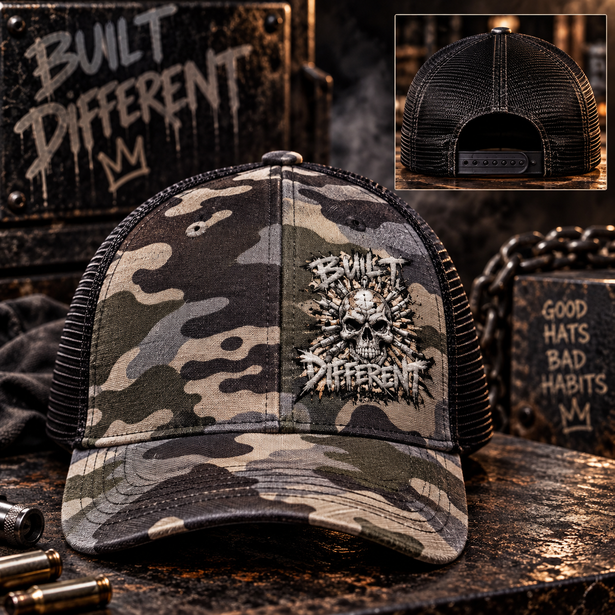 Built Different Skull Trucker Hat