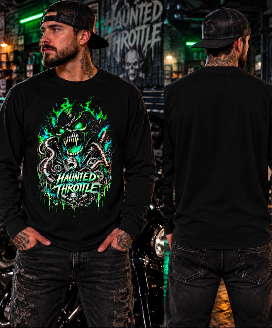 Haunted Throttle Skull Biker Graphic Long Sleeve Tee