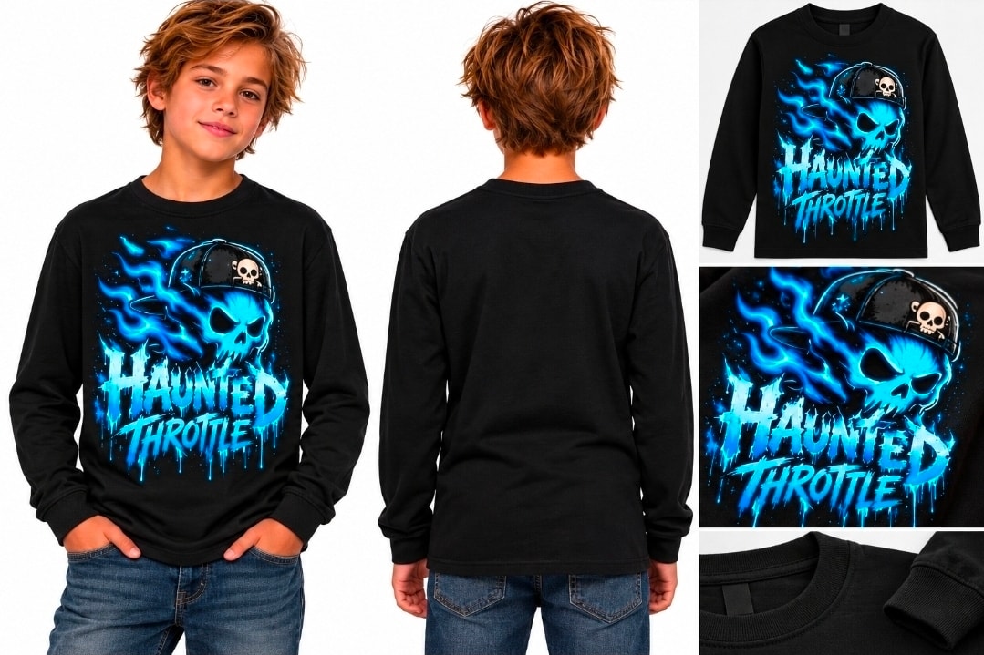 Youth Blue Flame Skull Long Sleeve Tee